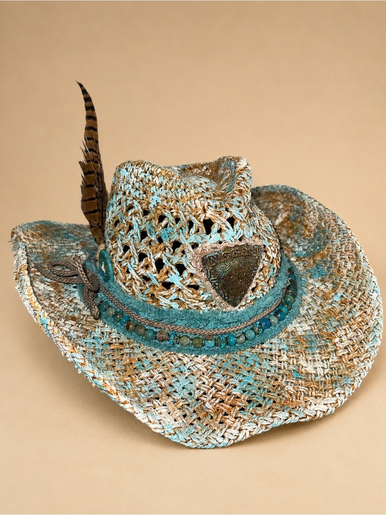 Accessories - Turquoise & Straw Cowgirl Hat with Beaded Trim